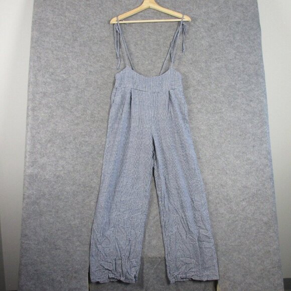 Potter's pot Pants - Potter's Pot Women's Plaid Romper Pants Straps Wide Leg Linen Blue Large 362